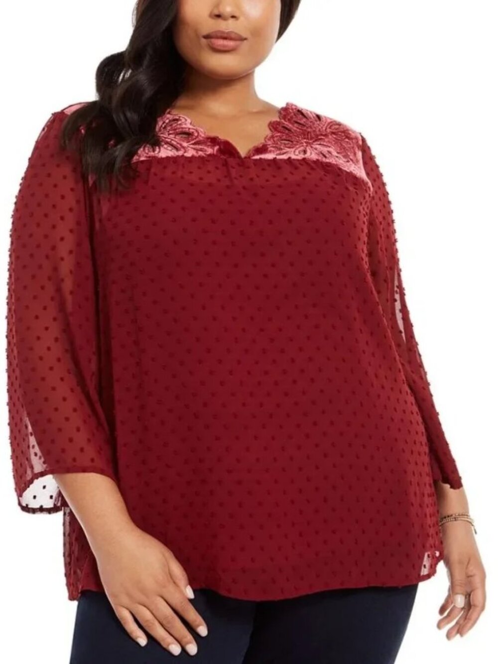 NWT STYLE & CO Velveteen Eyelet Swiss Dot Blouse in Burgundy Red SZ 1X